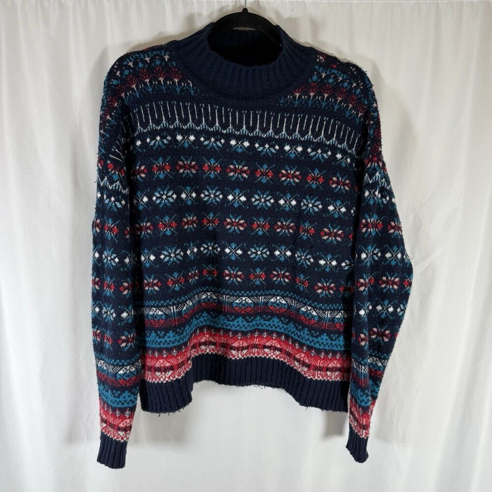 Loft Sweater Women's Medium Blue Knit Turtleneck Cotton Blend Pullover Embroider